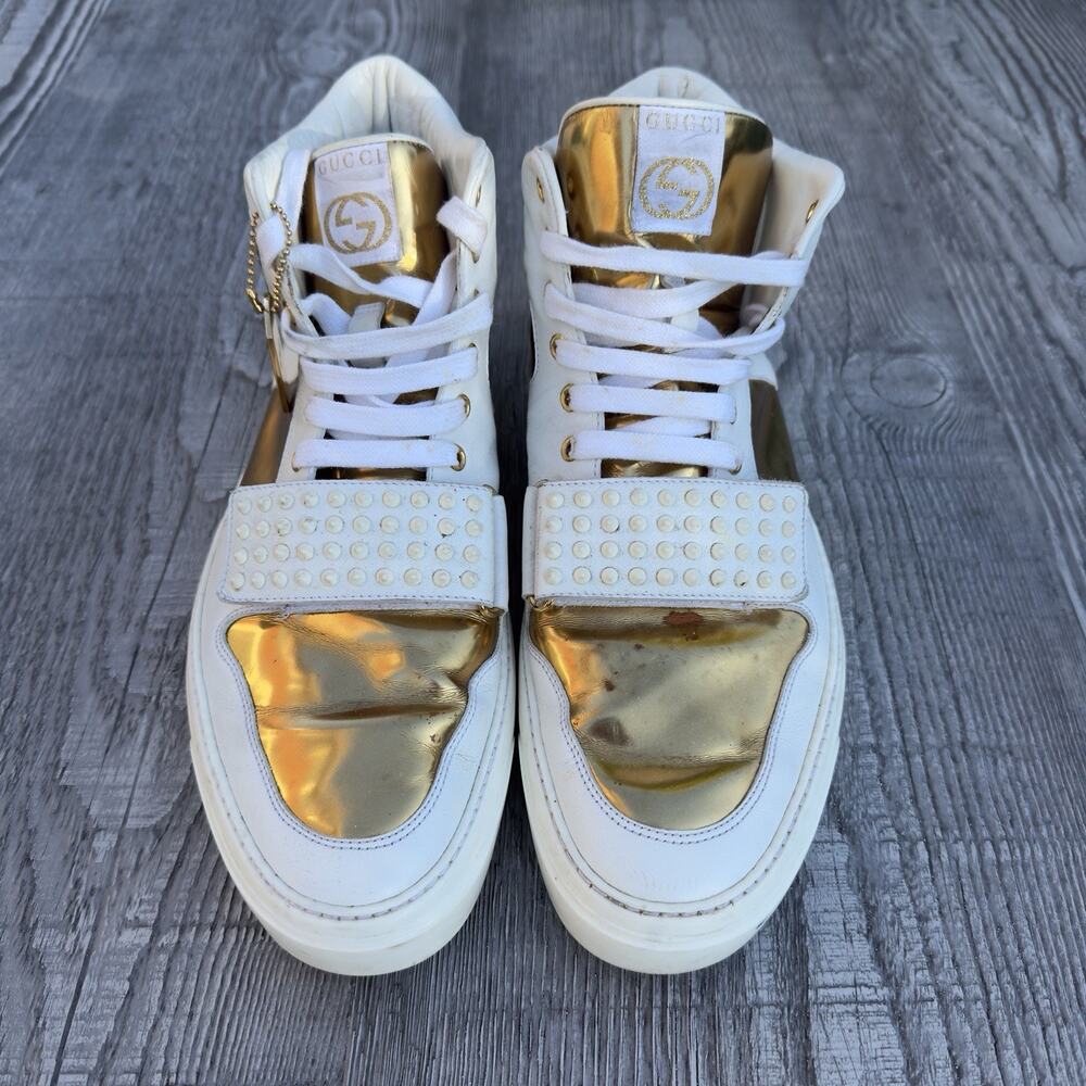 Gucci Shoes Men's 11 High-Top Gold & White Leather Studded Strap Limited Edition
